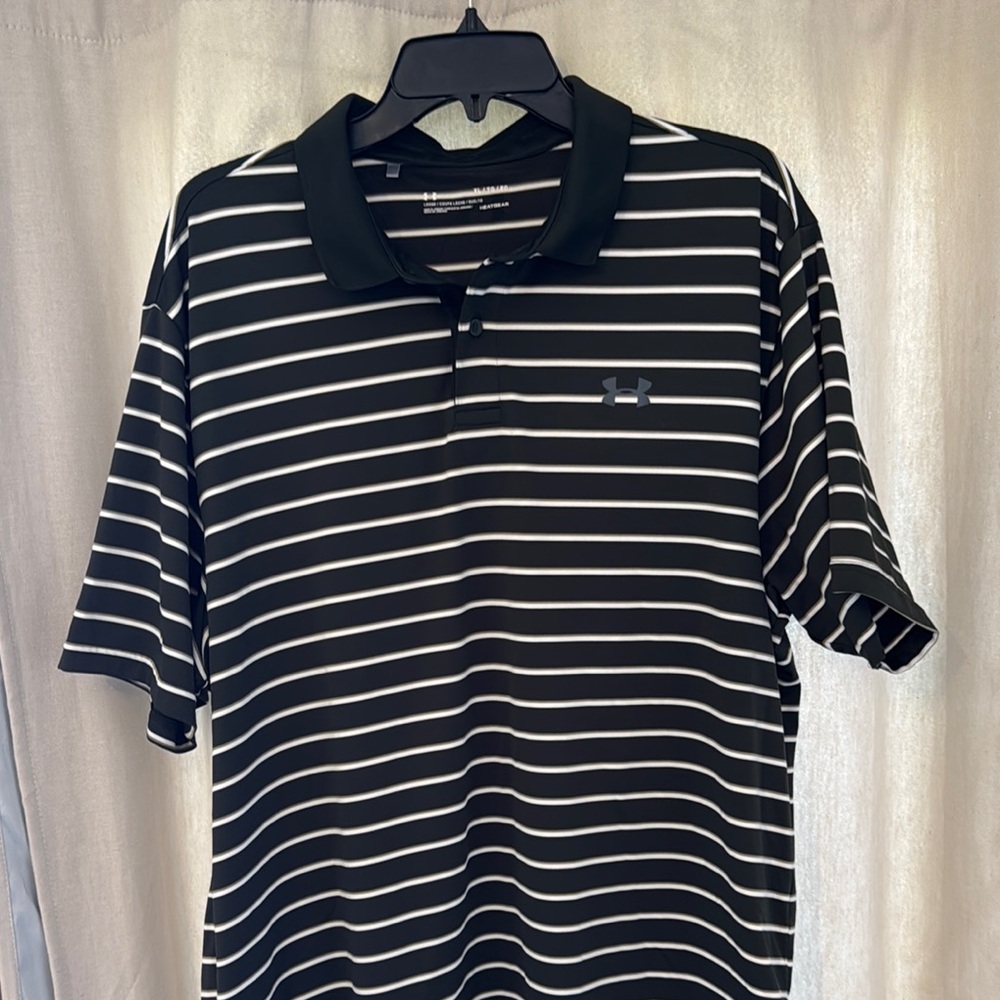 Under Armour Black and White Striped Polo Shirt Heat Gear Loose